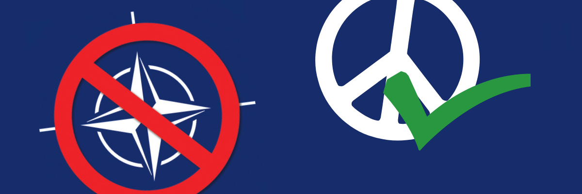 Naton logo on vedetty punaisella yli, rauhanmerkin päällä on oikeinmerkki. Teksti: Ei Natolle, kyllä rauhalle. Mielenosoitus su 15.5. klo 13.