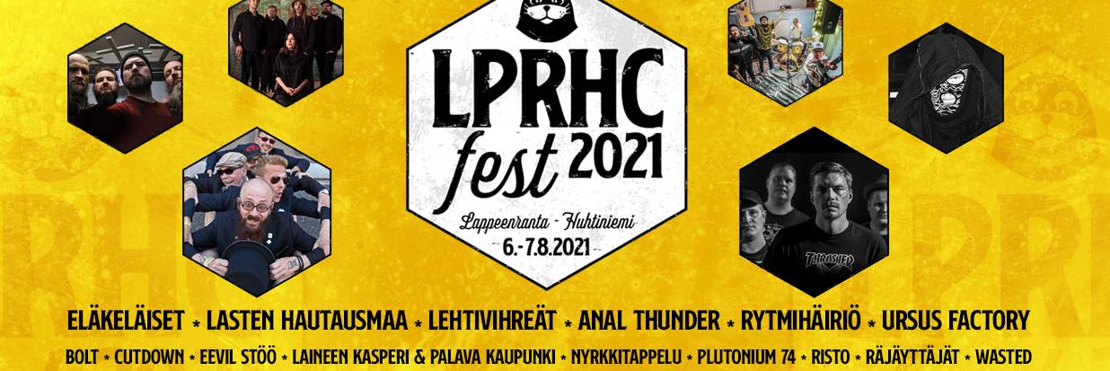 Lappeenranta HC-tapahtuman keltasävyinen mainosjuliste. Keskellä tyylitelty teksti LPRHC- alla esiintyjien nimiä.