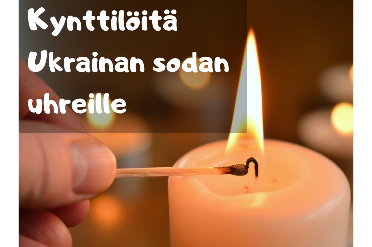 Kynttilä sytytetään tulitikulla. Teksti: Kynttilöitä Ukrainan sodan uhreille. Kiovanpuistossa Tamperee su 6.3. klo 18