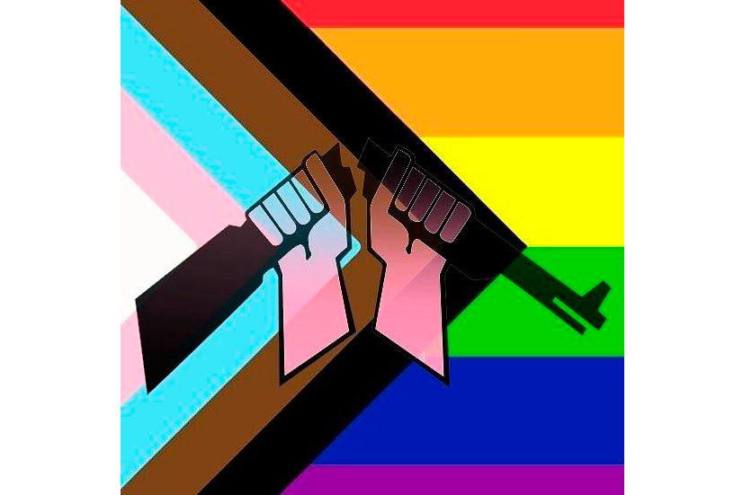 AKL:n katkaistu kivääri taustallaan Pride-lippu